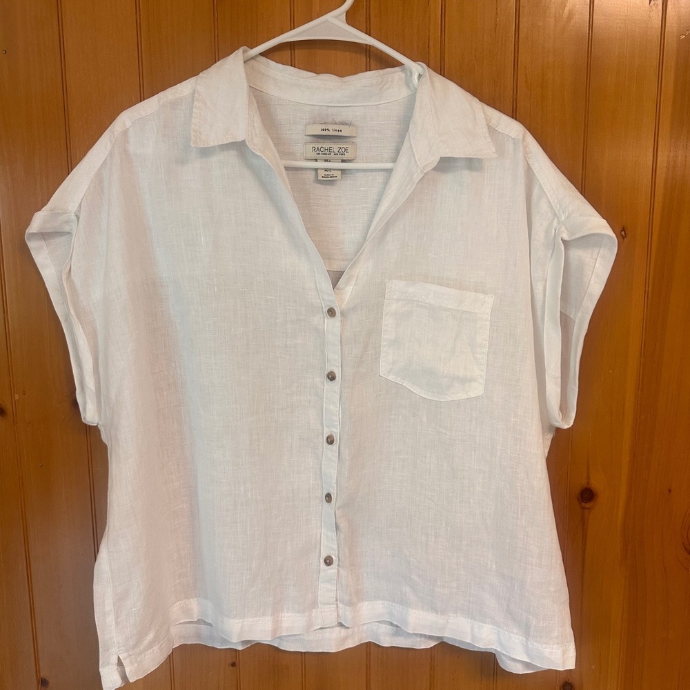 Rachel Zoe White 100% Linen Button Down Short Sleeve Shirt Breathable Women L